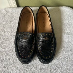 Coach Black Pebbled Leather Studded Loafers with Gold Accents